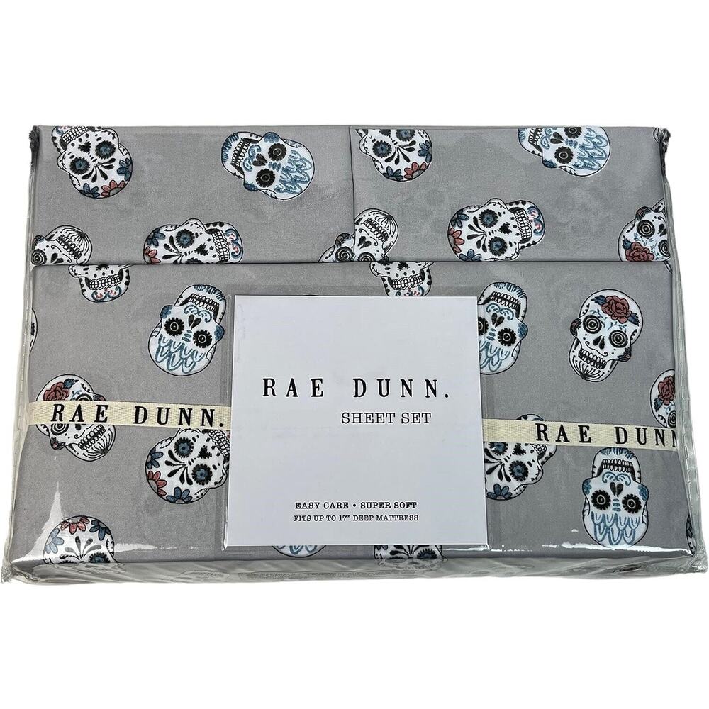 Rae Dunn Halloween Day of the Dead Sugar Skull Grey 4pc Bed Sheet Set Full Size